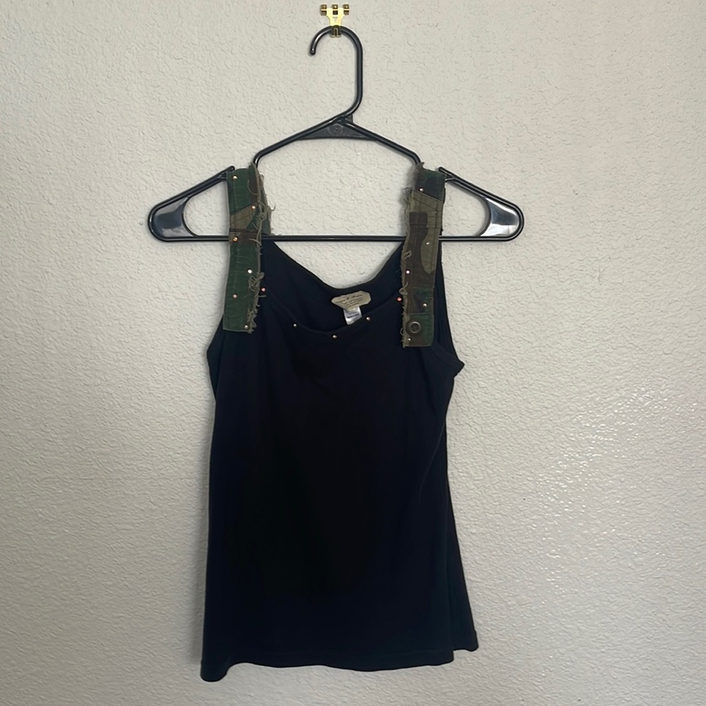 Women’s Jeweled Camo-Jean-Strapped Black Tank